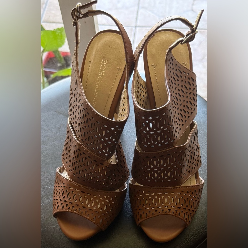 BCBGeneration Brown Laser-Cut Slingback Heels